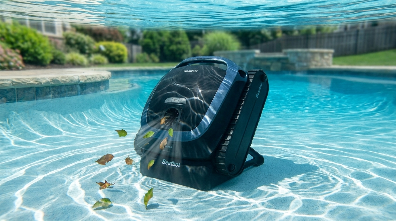 Beatbot AquaSense 2 cordless robotic pool cleaner cleaning the floor of a sunlit residential pool