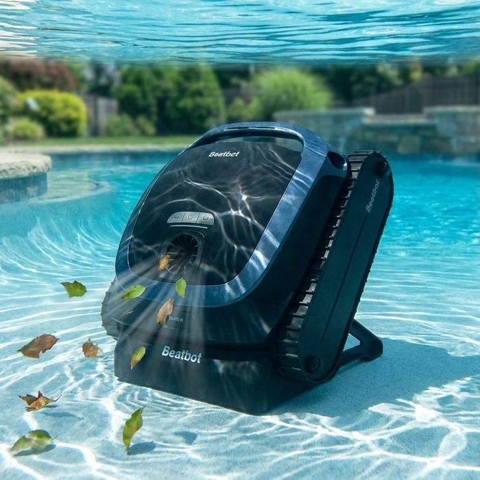 Beatbot AquaSense 2 cordless robotic pool cleaner cleaning the floor of a sunlit residential pool
