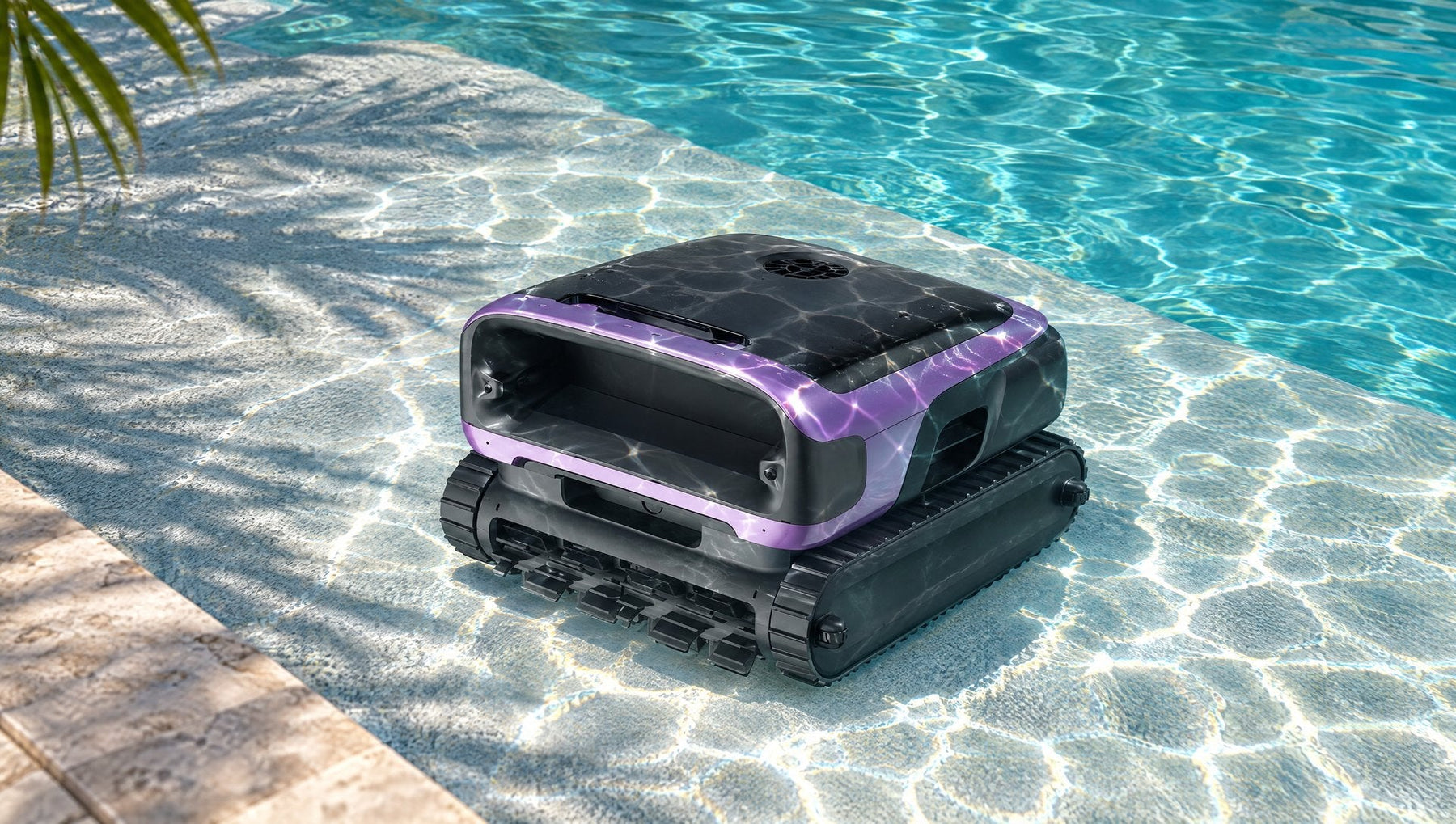 Beatbot Sora 70 robotic pool cleaner on a shallow pool sun shelf