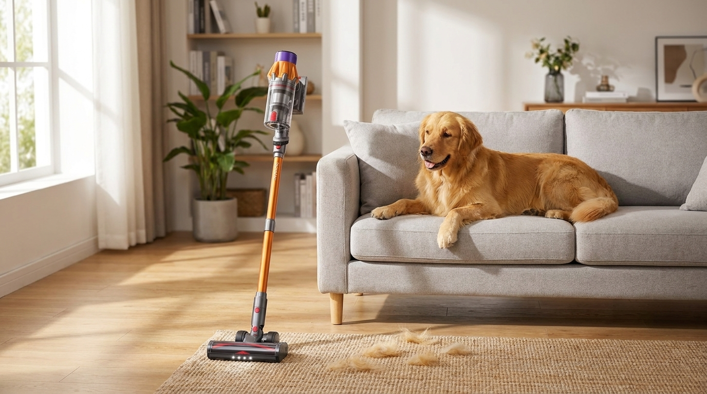 Honiture X7 Pet cordless vacuum standing on hardwood floor in a living room with a golden retriever on the sofa