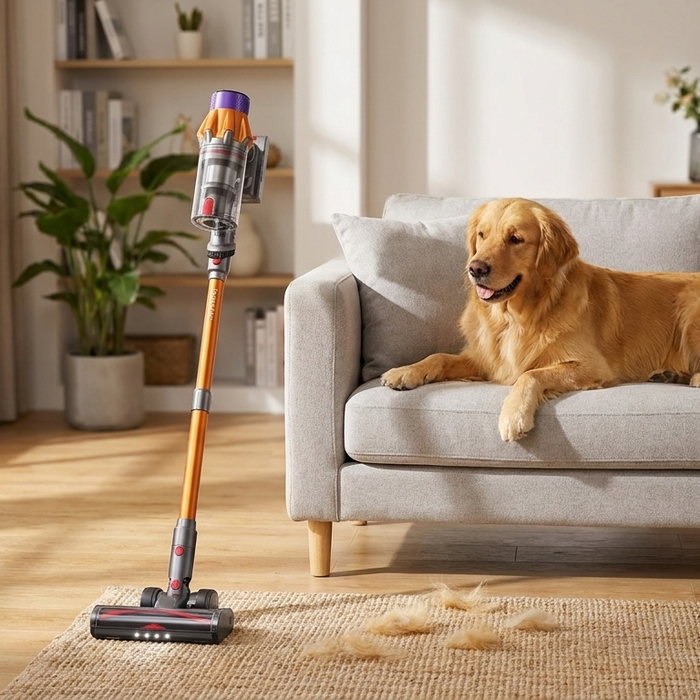 Honiture X7 Pet cordless vacuum standing on hardwood floor in a living room with a golden retriever on the sofa