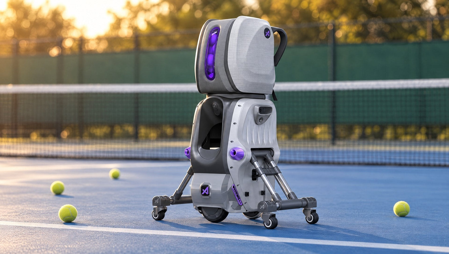 AceiiLab A1 AI tennis robot ball machine on an outdoor hard court at sunset