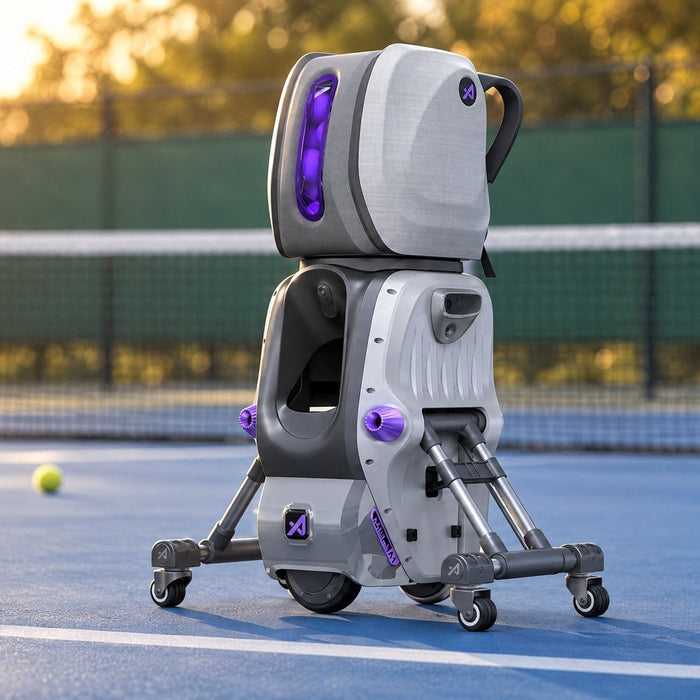 AceiiLab A1 AI tennis robot ball machine on an outdoor hard court at sunset
