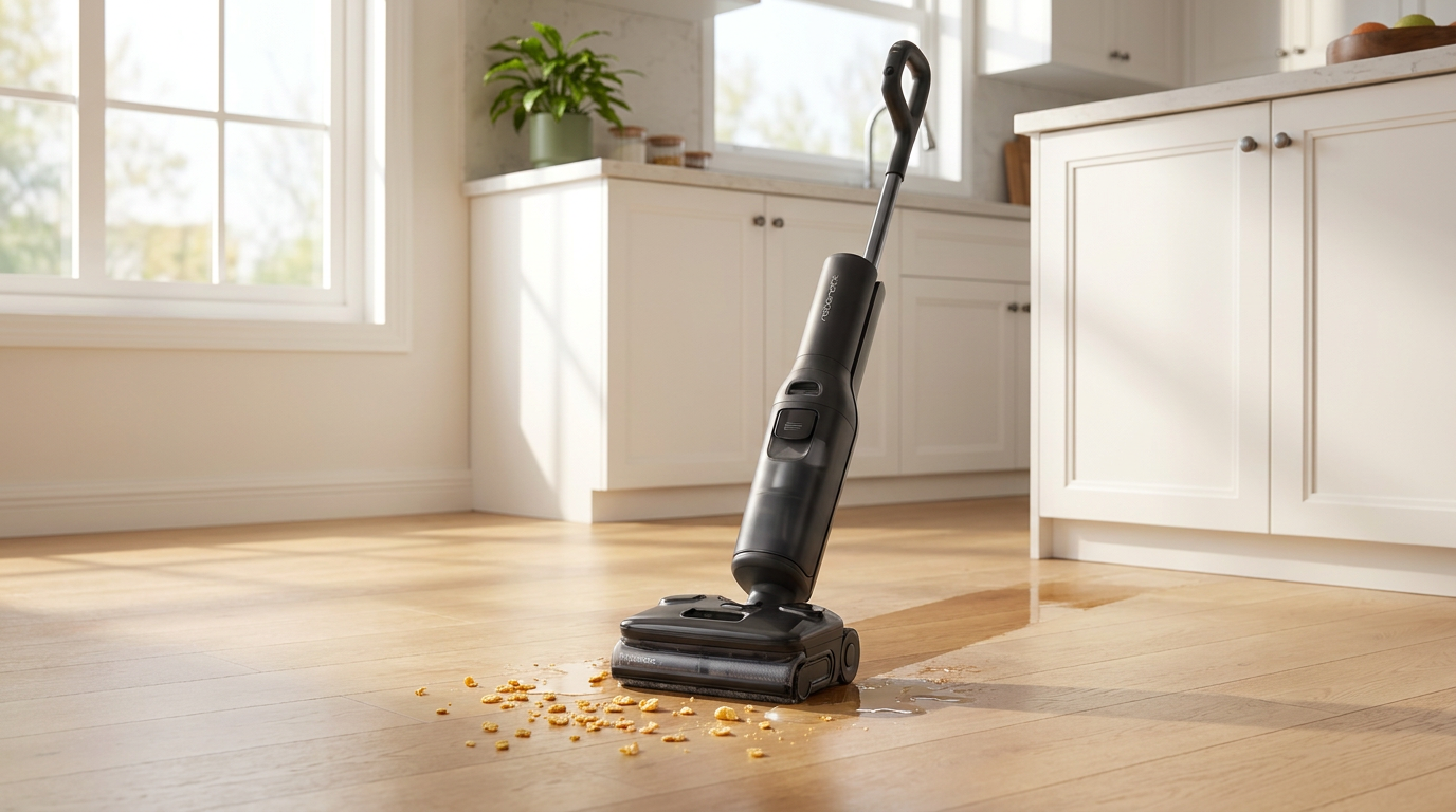 Roborock F25 Ultra wet dry vacuum mop cleaning crumbs and a spill on hardwood kitchen floor
