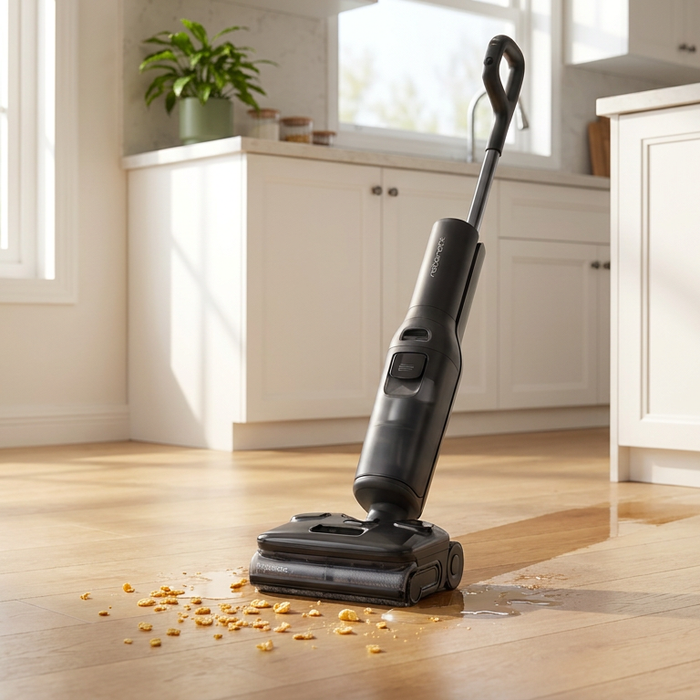 Roborock F25 Ultra wet dry vacuum mop cleaning crumbs and a spill on hardwood kitchen floor