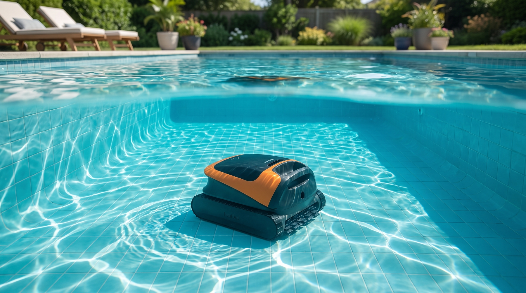 Beatbot Sora 30 cordless robotic pool cleaner cleaning the floor of a sunlit backyard pool