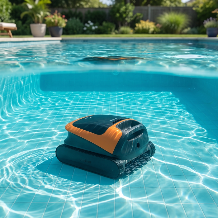 Beatbot Sora 30 cordless robotic pool cleaner cleaning the floor of a sunlit backyard pool