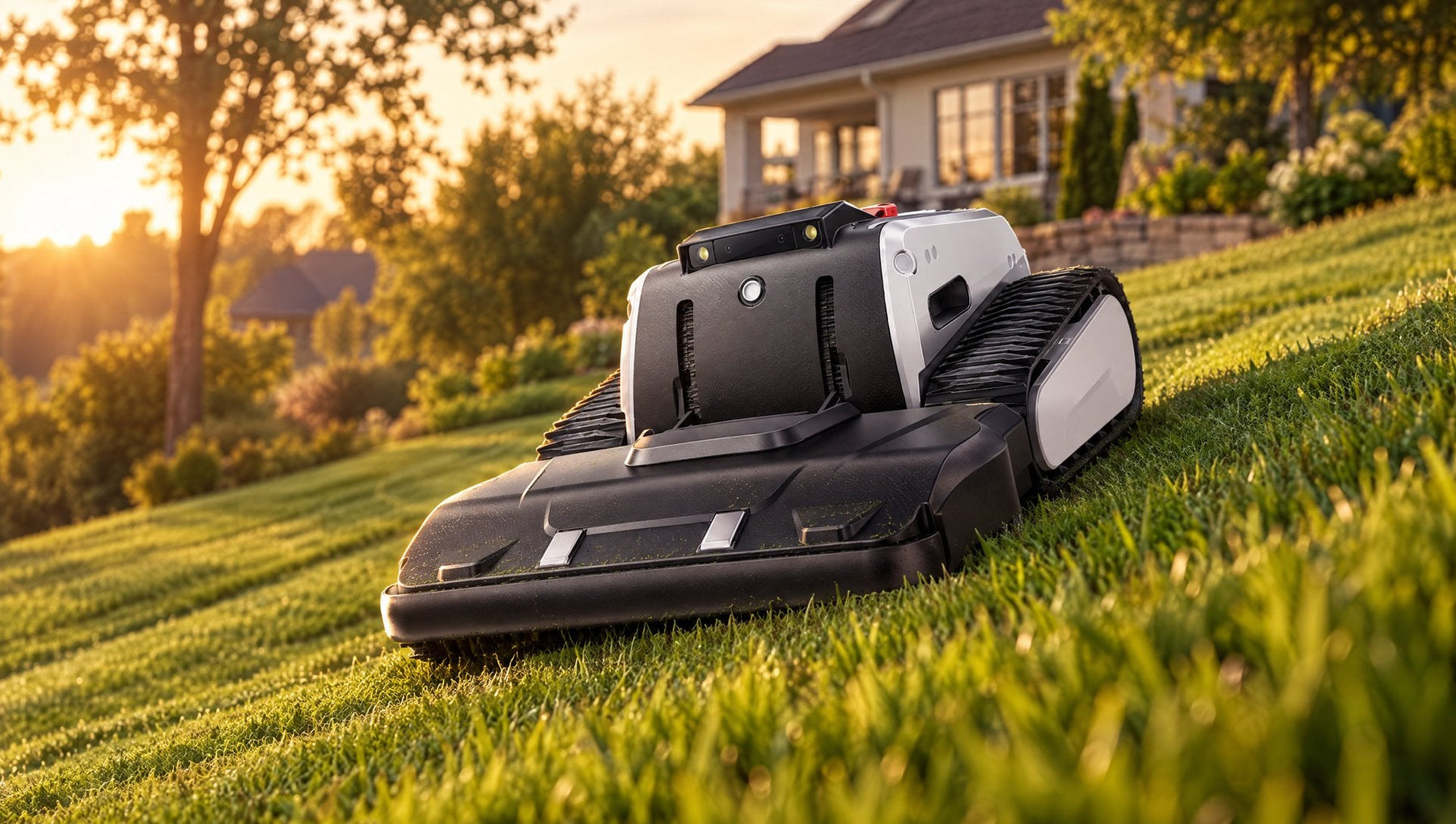 Lymow One Plus tracked robot mower mowing a steep backyard slope at golden hour
