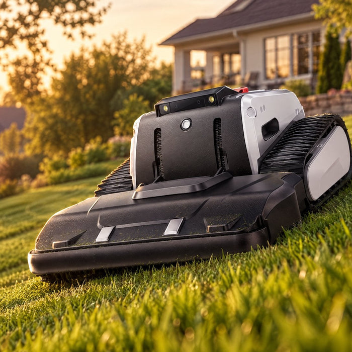 Lymow One Plus tracked robot mower mowing a steep backyard slope at golden hour