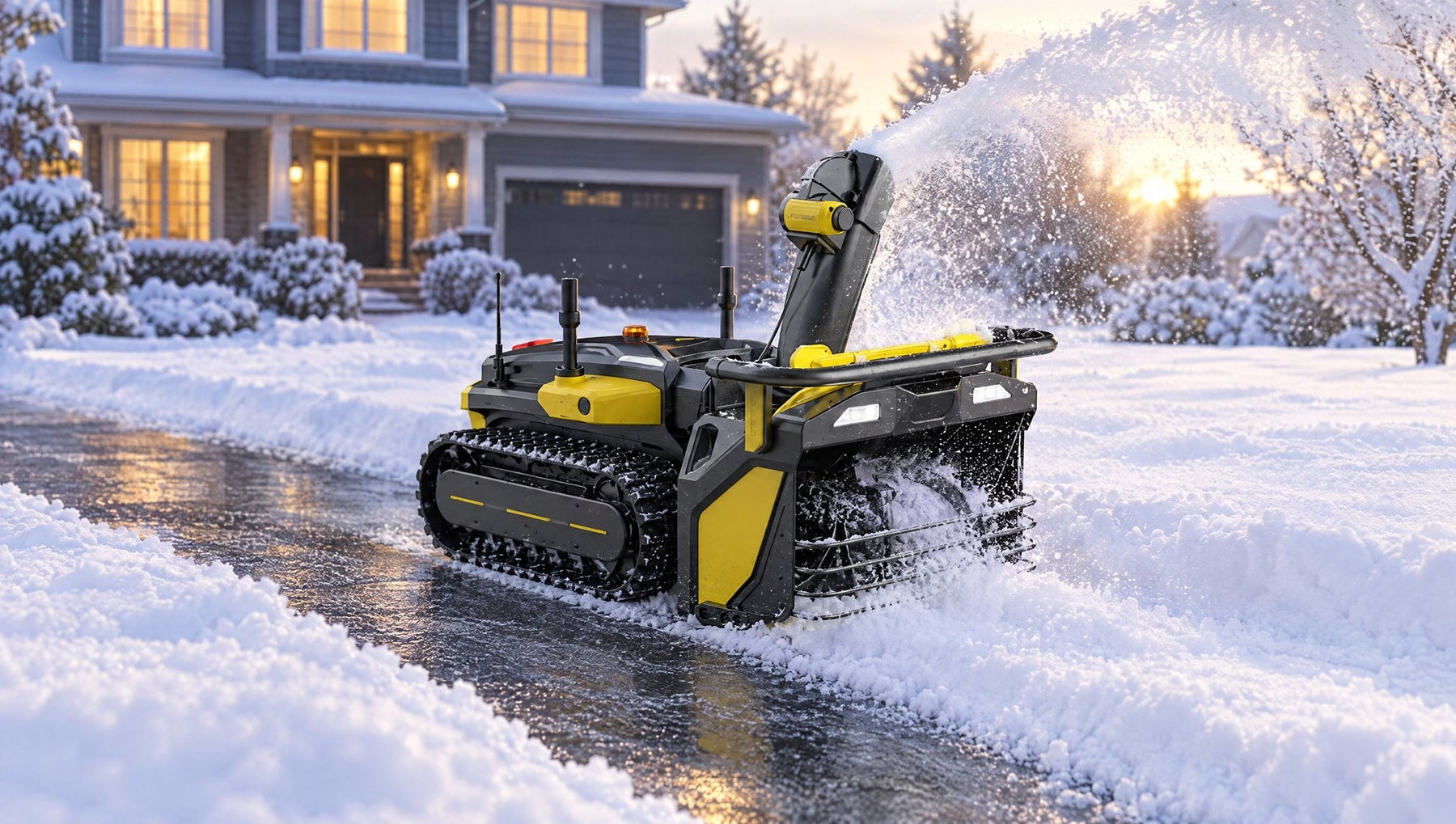 Yarbo robot snow blower clearing a snowy suburban driveway at sunrise