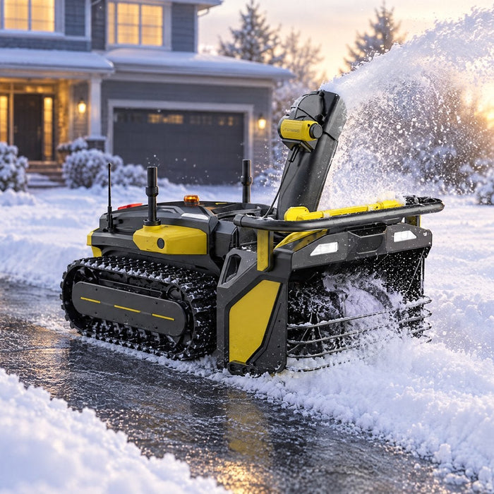 Yarbo robot snow blower clearing a snowy suburban driveway at sunrise