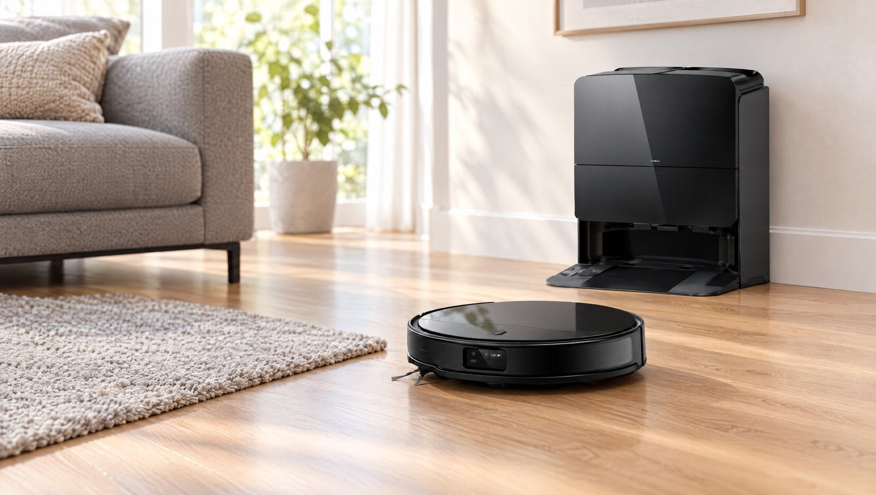 Roborock Saros 10R robot vacuum leaving its dock on a hardwood living room floor