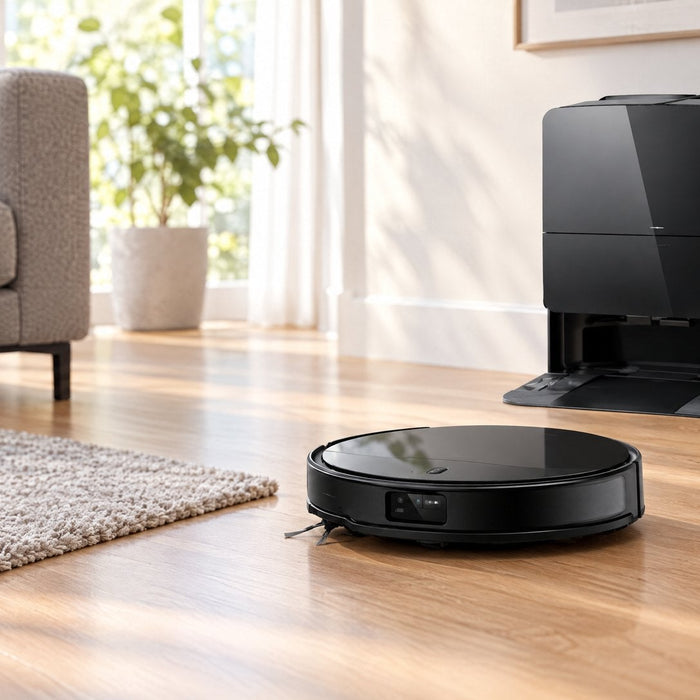 Roborock Saros 10R robot vacuum leaving its dock on a hardwood living room floor