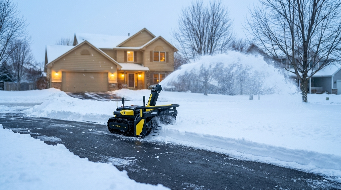 Snow blower robot autonomously clearing a residential driveway during snowfall