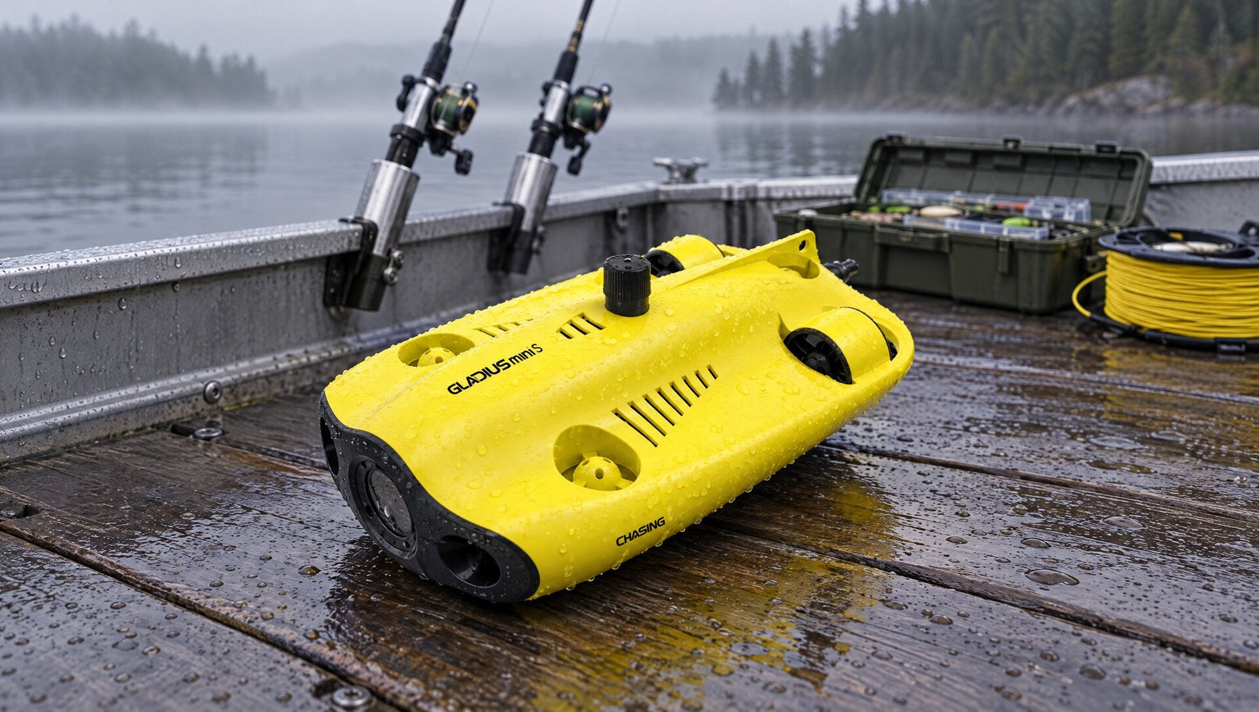 CHASING GLADIUS MINI S underwater drone for fishing on a boat deck on a misty lake