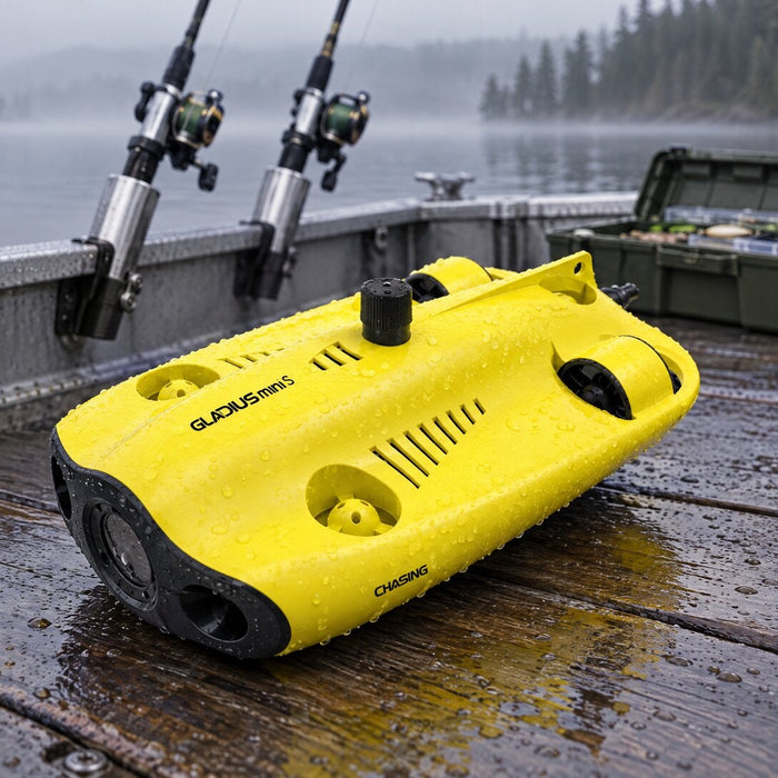 CHASING GLADIUS MINI S underwater drone for fishing on a boat deck on a misty lake
