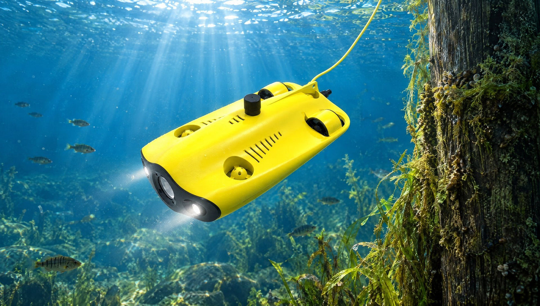 Underwater drone with its tether trailing to the surface exploring beside a lake dock