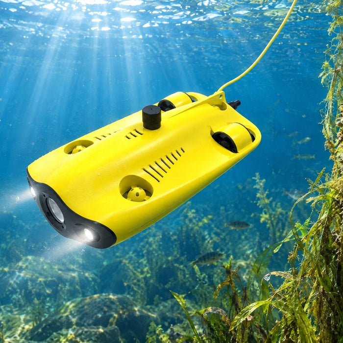 Underwater drone with its tether trailing to the surface exploring beside a lake dock