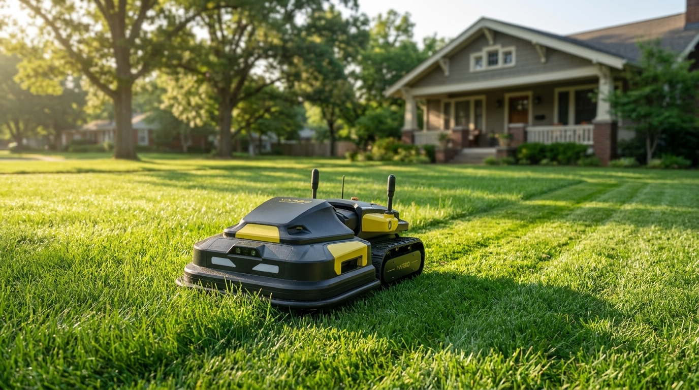 Yarbo robot lawn mower cutting a large suburban lawn