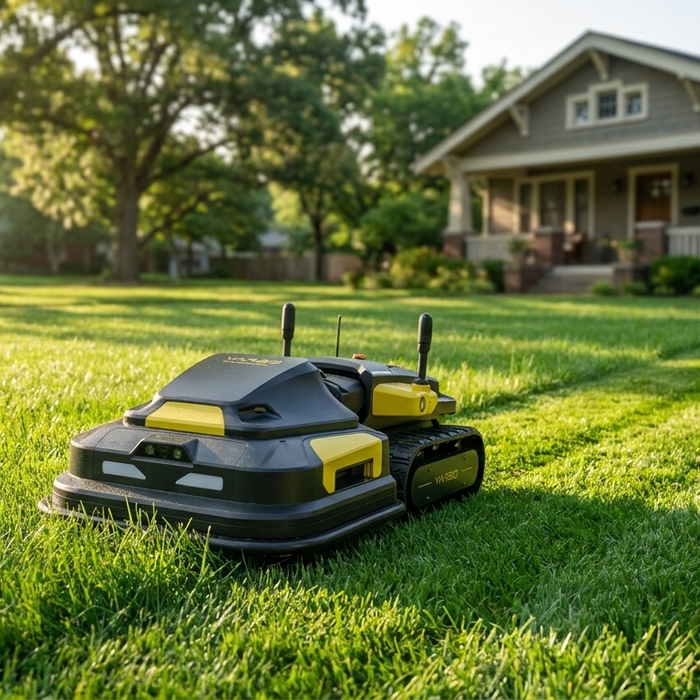 Yarbo robot lawn mower cutting a large suburban lawn