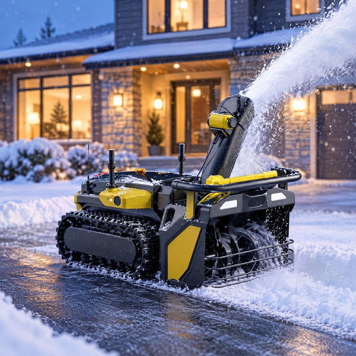 Yarbo snow blower robot clearing a suburban driveway at dawn