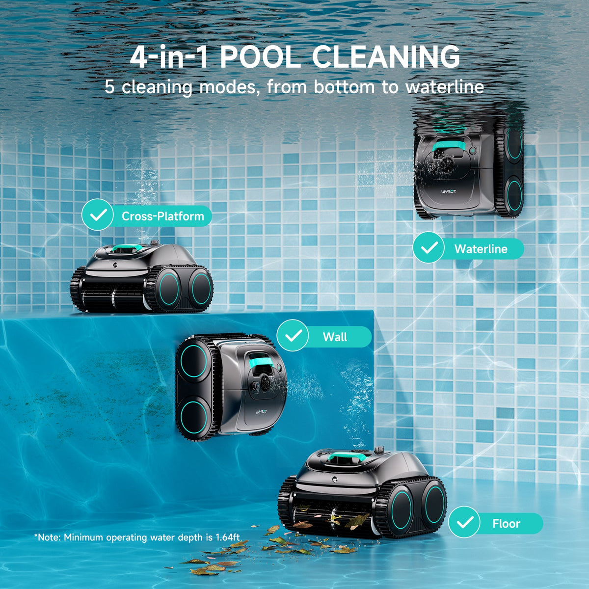 WYBOT C1 cordless robotic pool cleaner, detail view