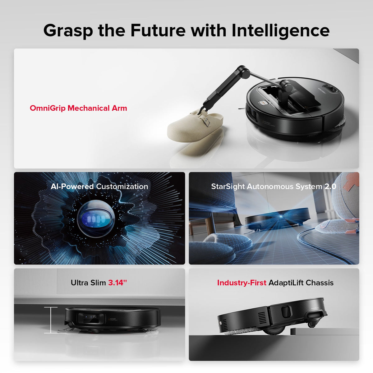Roborock Saros Z70 robot vacuum with OmniGrip mechanical arm, detail view