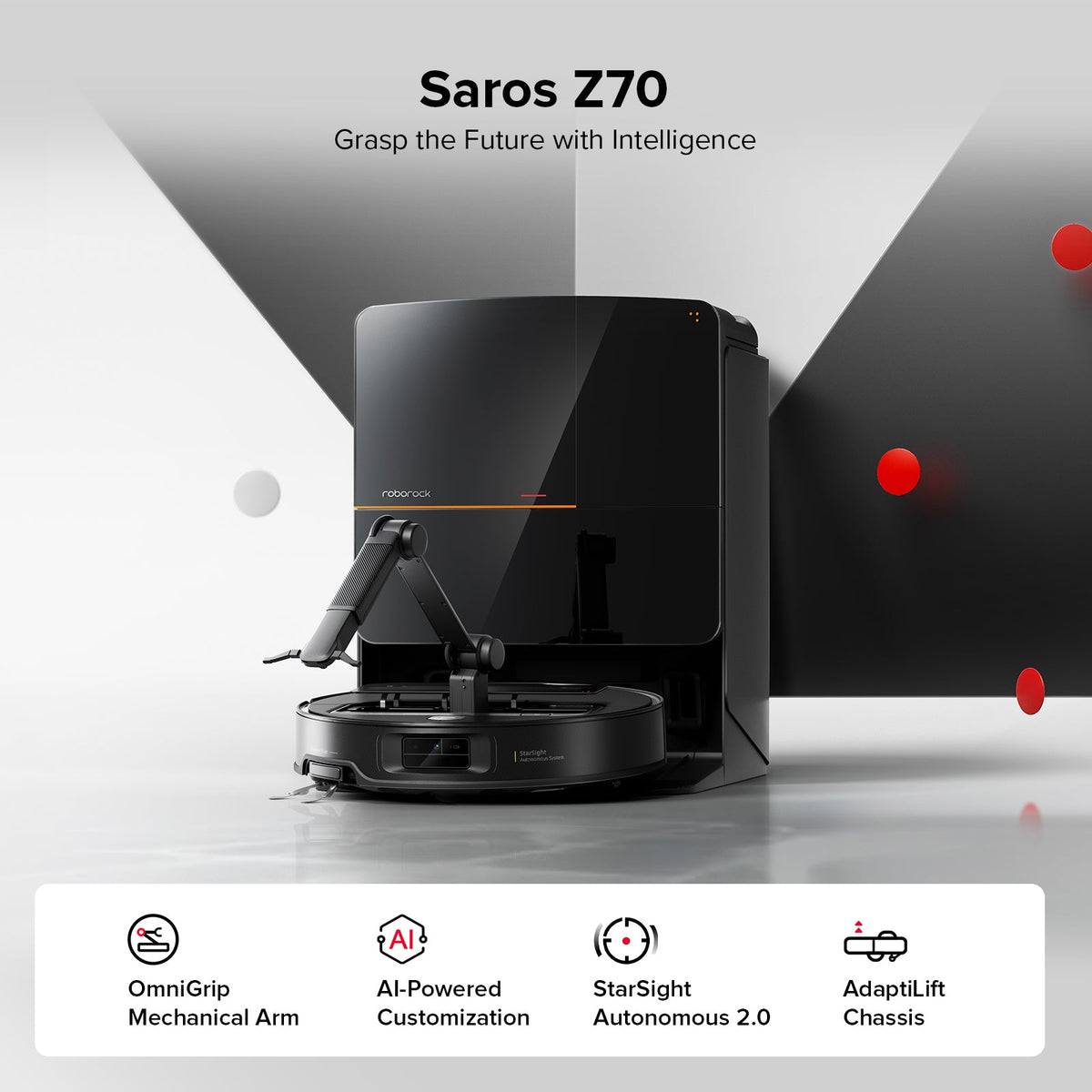 Roborock Saros Z70 robot vacuum with OmniGrip mechanical arm, alternate view