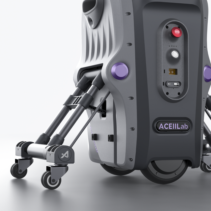 Close-up of the AceiiLab A1 chassis, legs and omni-directional wheels