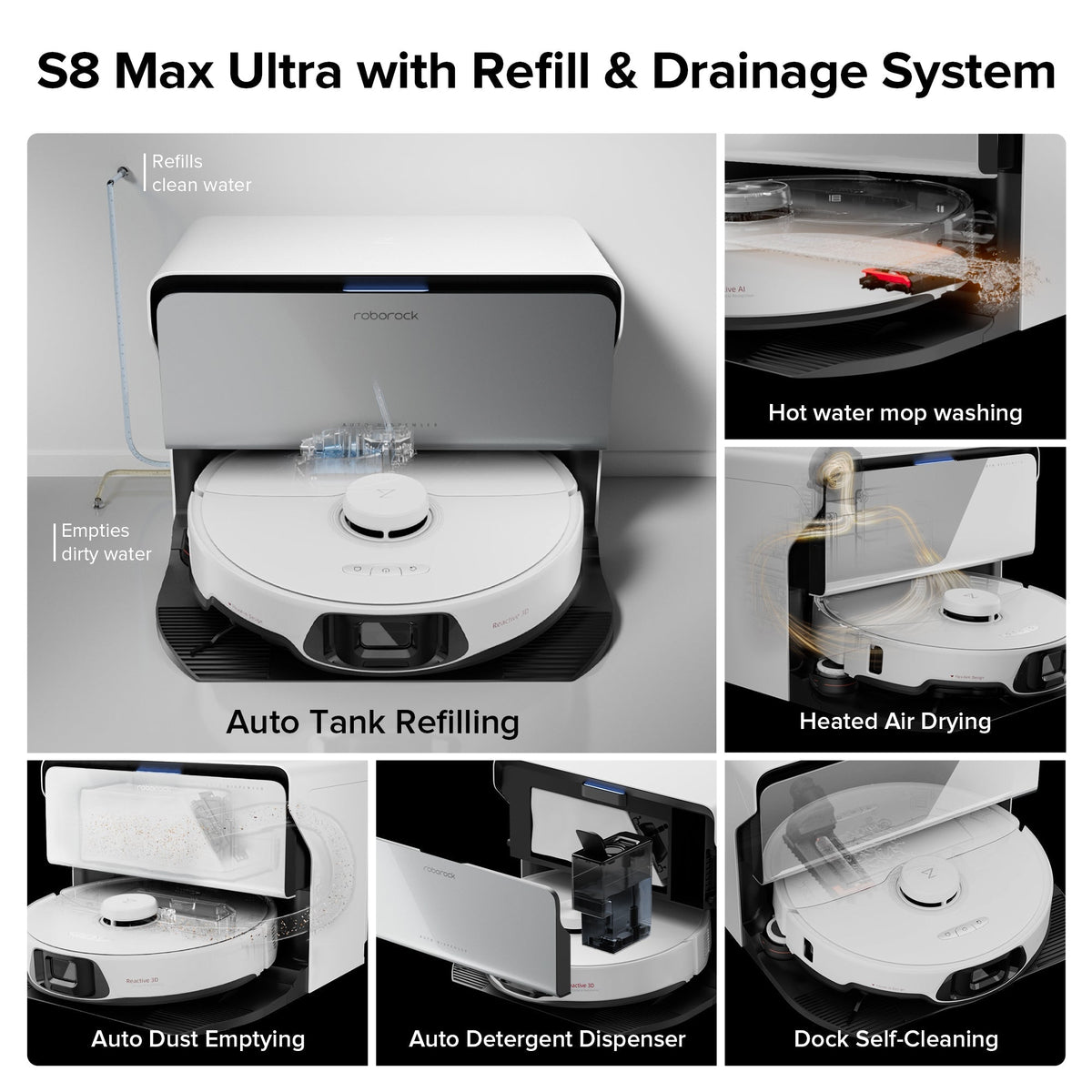 Roborock S8 Max Ultra robot vacuum with refill and drainage, alternate view