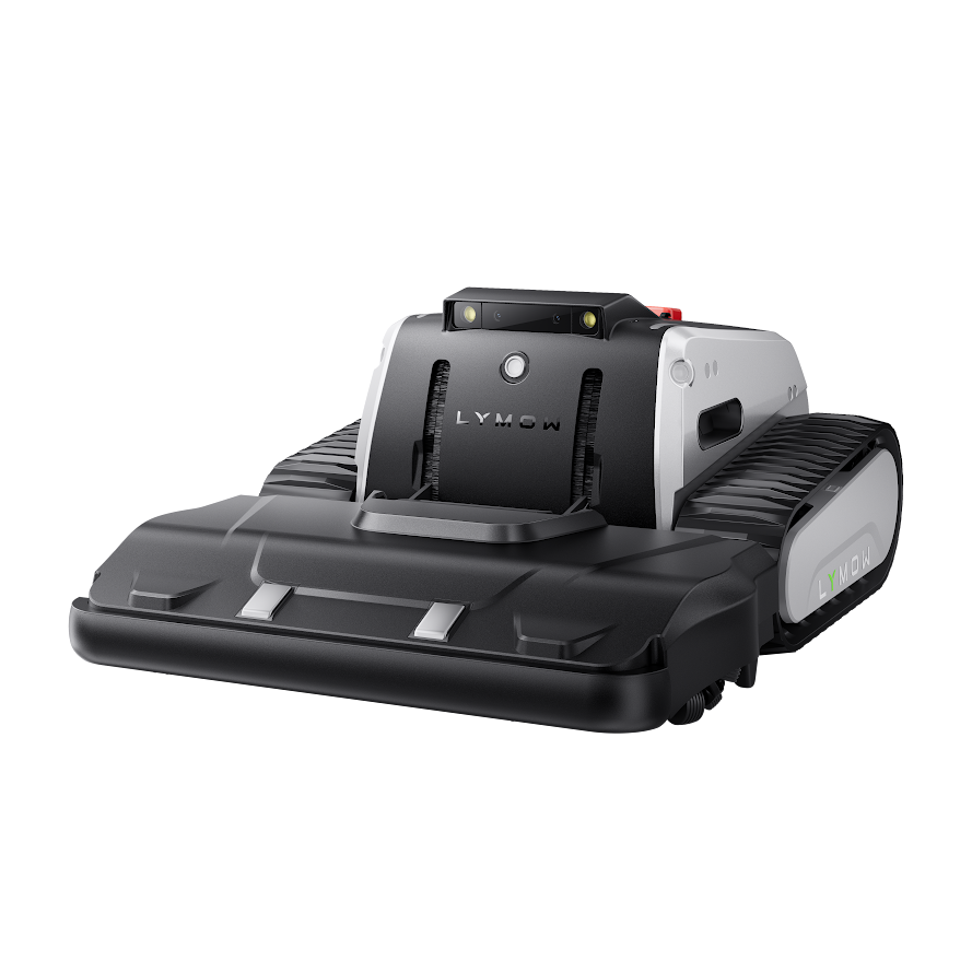 Lymow One Plus tracked robotic lawn mower, front three-quarter view