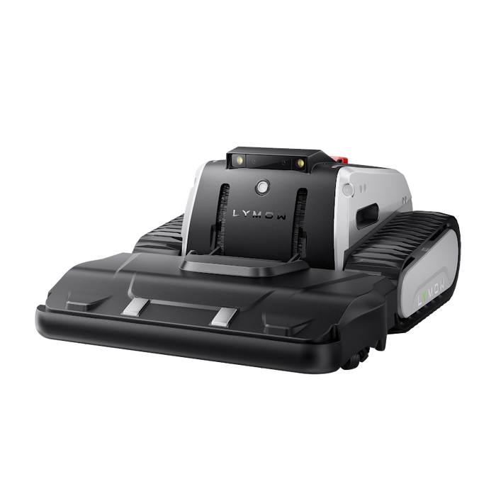 Lymow One Plus tracked robotic lawn mower, front three-quarter view