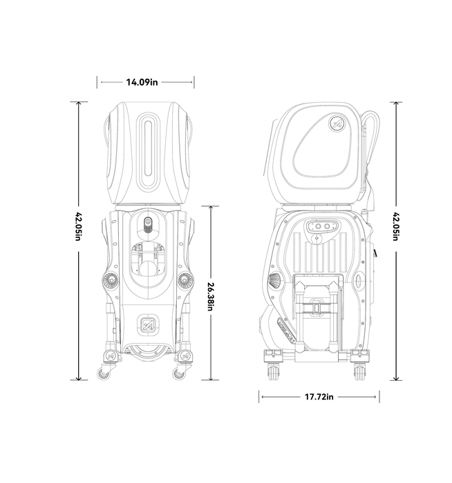 AceiiLab A1 AI tennis robot dimensions diagram, front and side