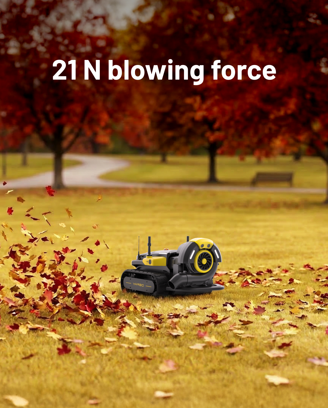Yarbo Blower Module clearing autumn leaves when attached to a Yarbo Core; Core sold separately with module-only purchase