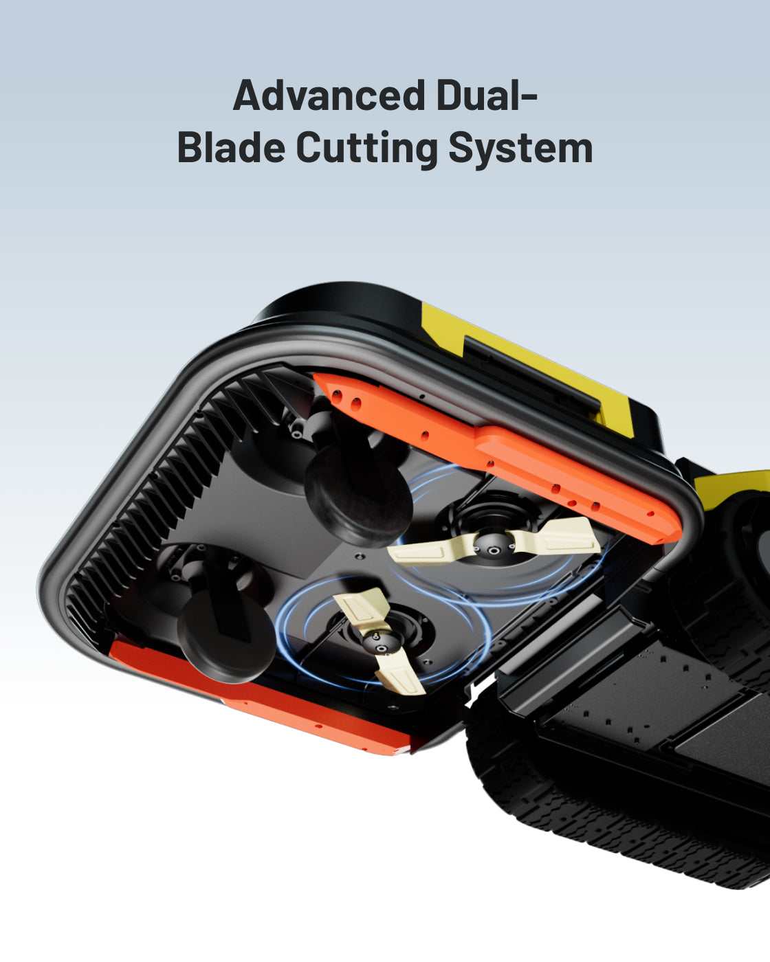 Underside of the Yarbo Lawn Mower Pro showing its dual cutting discs