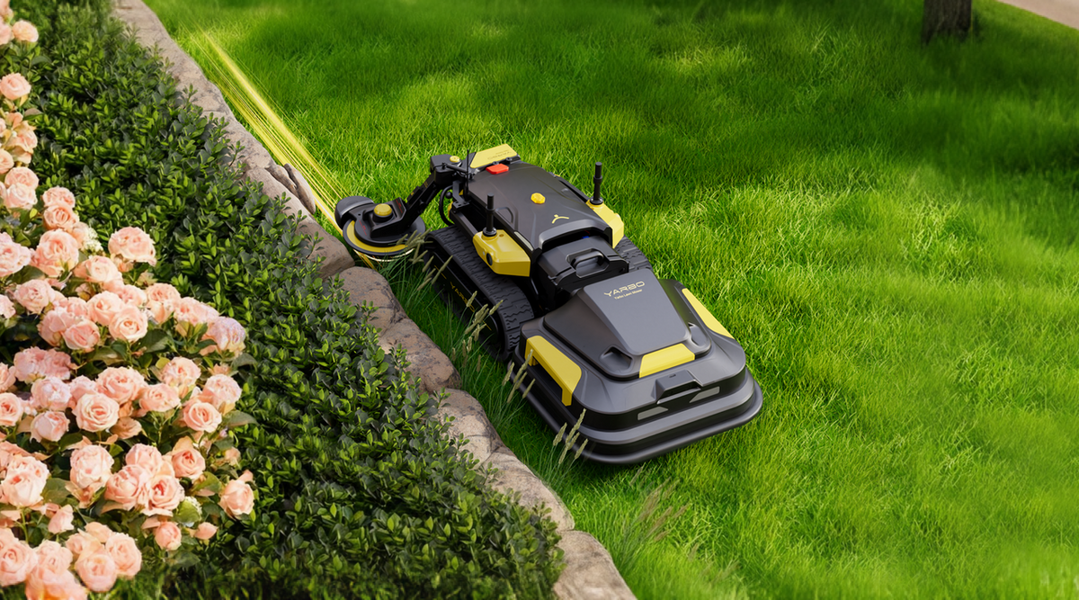 Yarbo Lawn Mower Pro and Trimmer working along a garden edge, manufacturer Y-Series demonstration
