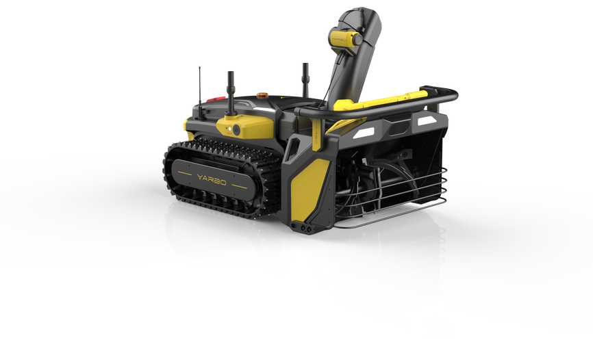 Yarbo upgraded Snow Blower with direct-drive chute pitch motor, manufacturer render on a Y-Series Core; Core shown is a configuration reference